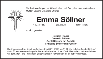 Traueranzeige von Emma Söllner von Pegnitz-Zeitung